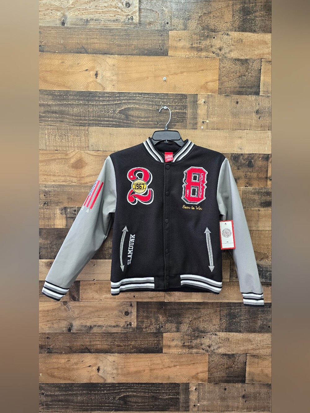 RingofFire Kids Black & Gray Varsity Jacket with Red Patches Size XL